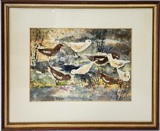 Vintage 40s-50s Original Framed Watercolor Painting Mid-Century Style Birds picture
