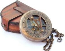 Vintage Maritime Pocket Sundial Nautical Brass Compass With Antique Leather Case picture