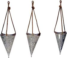 Distressed Patterned Metal Hanging Cone Planters with Brown Trim, Assorted Sizes picture