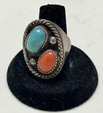 Large Old Pawn Navajo Sterling Silver Turquoise Coral Ring Size 11.5 23G Estate picture