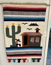 VTG Southwest Tapestry Woven Wall Hanging Cactus Birds Fringed Tassels Mexican picture