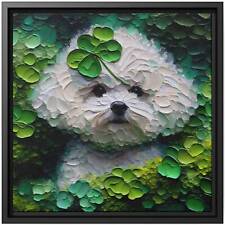 Wall Art Decor Canvas Print Oil Painting Dog Bichon Frise Irish Green Leaf picture