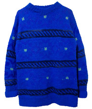 S/M Vtg 90s Blue Purple Stripe Chunky Knit Handmade Grunge Oversized Sweater picture