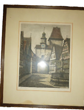 Antique HEINER KRASSER ART ROTHENBURG SIGNED HAND-COLORED ETCHING Original Frame picture