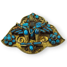 Vintage 1930s India Brass and Turquoise Figural Brooch Pin picture