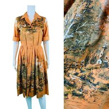 Vintage 1950s Novelty Print Dress Scenic Romantic Orange Shirtdress W 25