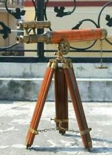 Nautical Antique Double Barrel Leather Telescope With Wooden Tripod Stand Décor picture