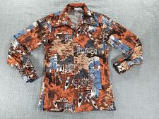 Vintage K-Mart Shirt Adult Small Brown City Print Disco Collar Polyester Stretch picture
