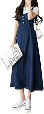 Women's Elegant Straps Back Smocked A-Line Long Skirt Denim Overall Dress picture