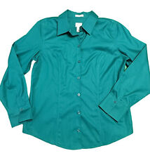Chico’s Women's Size 1 Button Up Long Sleeve 100% Cotton Collared Green Shirt picture