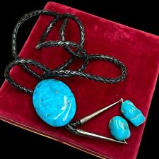 Antique Vintage Native Navajo Sterling Silver Turquoise Bolo Tie Necklace 82.8g picture