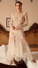 70s Vtg Sheer Lace Long Sleeve Maxi Dress S/M Blush Embroidered Back Buttons picture