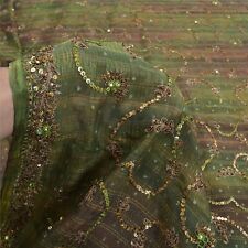 Sanskriti Vintage Green Sarees Pure Silk Hand Beaded Woven Sari Tie-Dye Fabric picture