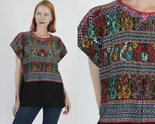 Huipil Embroidered Birds Tunic Blk Cotton Mexican Poncho Oaxacan Textile Top picture