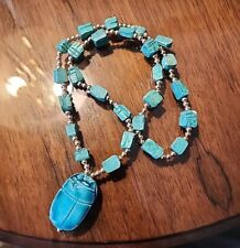 VINTAGE EGYPTIAN Revival Blue Turquoise SCARAB BEAD NECKLACE picture