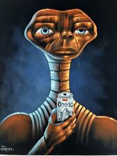 E.T. the Extra-Terrestrial Drinking Beer black velvet oil painting Signed Art picture