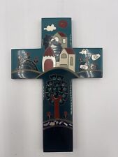 Vintage Wood Cross Uruguay Enamel La Colmena Church Scene 7.5” x 5.5” picture