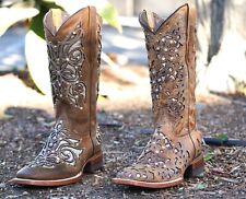 WOMEN'S WESTERN LUMINARY GLITTER INLAY DIAMOND ACCENTS COWGIRL TAN & BROWN BOTAS picture