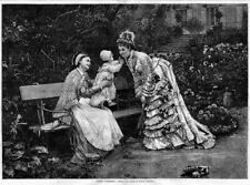 BABY AND MOTHER ON BENCH FIRST CARESSES ANTIQUE DRESS picture