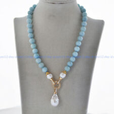 Natural Blue Aquamarine Gems Beaded White Keshi Baroque Pearl Pendant Necklace picture