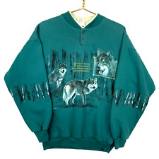 Vintage Wolf Wildlife Sweatshirt Henley Large Green Art Unlimited Aop 90s picture