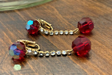 Vintage VOGUE JLRY Signed Dangle Clip On Gold Tone Red Bead Rhinestone Earrings picture