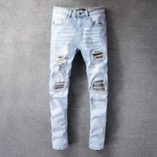 Men's Knee Ripped Pleated Skinny fit Patch Stretch Distressed Denim Blue Jeans picture
