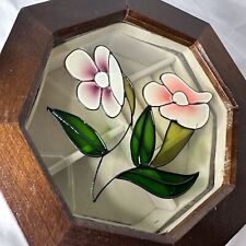 Vintage Wooden Jewelry Box Stained Glass Floral Octagonal MCM VTG picture