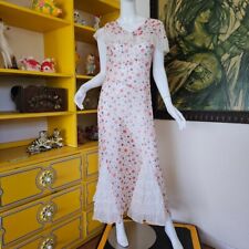 Vintage 30s Polka Dot Sheer Voile Gored RUFFLE Tea Lawn Maxi Dress Bias Gown S picture