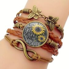 Universal  Vintage Bracelet Sunflower Butterfly Layered Leather Braided Gift New picture