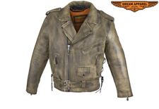 Men's Motorcycle Distressed Brown  Naked Cowhide Leather Biker Side Laces Jacket picture