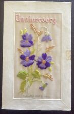 c1915 Handmade In France Embroidery On Silk Postcard Anniversary Of Enlistment picture