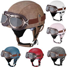 Vintage Leather Motorcycle Retro Half Helmet Scooter Bike Cruiser with Goggles picture