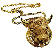 Vintage Signed RAZZA Bull Steer Zodiac Taurus 70's Resin/Metal Pendant Necklace picture