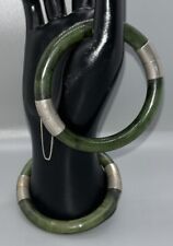 Vintage 70s Jade Bangles Set Of 2 Hinged Etched Silver Tone Safety Chain Clasp picture