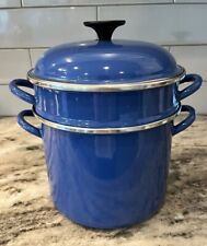 Vintage Le Creuset Blue Enameled Steel 5 Quart Stock Pasta Pot w/ Steamer Insert picture