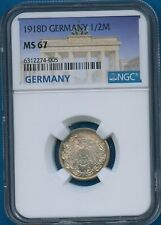 1918 D Germany NGC MS67 Silver German 1/2 Mark WWI Era 1918-D MS-67 picture