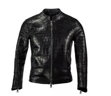 Men's Real Leather Croco Embossed Jacket Biker Motorcycle Black Printed Jacket picture