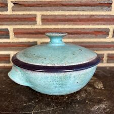 Vintage Terra Cotta Glazed Steamer Pottery Blue Handmade Handles Round Signed picture
