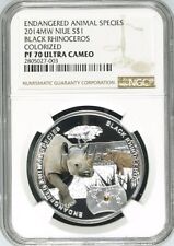 2014MW Niue 1$ Endangered Species Black RHINOCEROS PF70 UC 1/2 OZ. Silver Coin  picture
