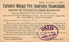 Farmers Mutual Insurance Raber Indiana Barn Fire Disaster 1894 Postal Card B27 picture