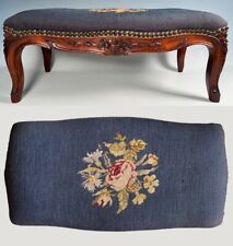 Antique to Vintage French Carved Wood Foot Stool or Bench, Needlepoint Tapestry picture