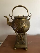 EARLY rare antiq 19th C. BRASS TEAPOT ON STAND WITH ORIGINAL BURNER, MARKED picture