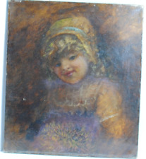 Antique Original 19th Century DARK Oil on Canvas Painting of Young Girl picture