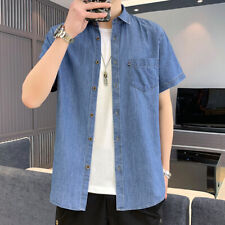 Mens Denim Shirts Slim Fit Short Sleeves Washed Jeans Cotton Casual Shirts Tops picture