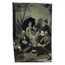 Picnic Group Studio Props Tintype c1870 Umbrella Hand Fan 1/6 Plate Photo A2916 picture