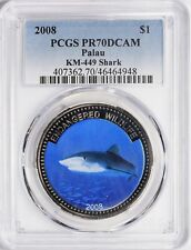 Palau 2008 $1 Colorized Dollar Blue Shark KM-449 PCGS PR70DCAM Pop 2 Ultra Rare picture