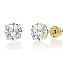 10K Real Solid Gold Solitaire Round CZ Sleeper Studs Earrings Screw-back 2mm-8mm picture