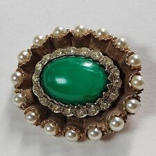 HAR Brooch Pin Green Glass Cabochon Faux Pearls Rhinestones Vintage 2 Inches picture