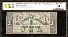 1862 $1 DOLLAR LOUISIANA TREASURY NOTE CIVIL WAR EMERGENCY PAPER MONEY PCGS 64 picture